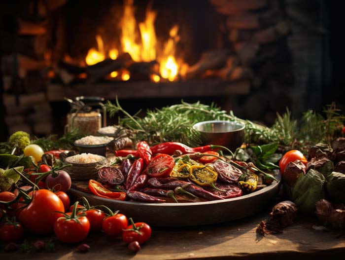 Grill und Kochumgebung für Steak mit Feuer und Tisch mit Zutaten