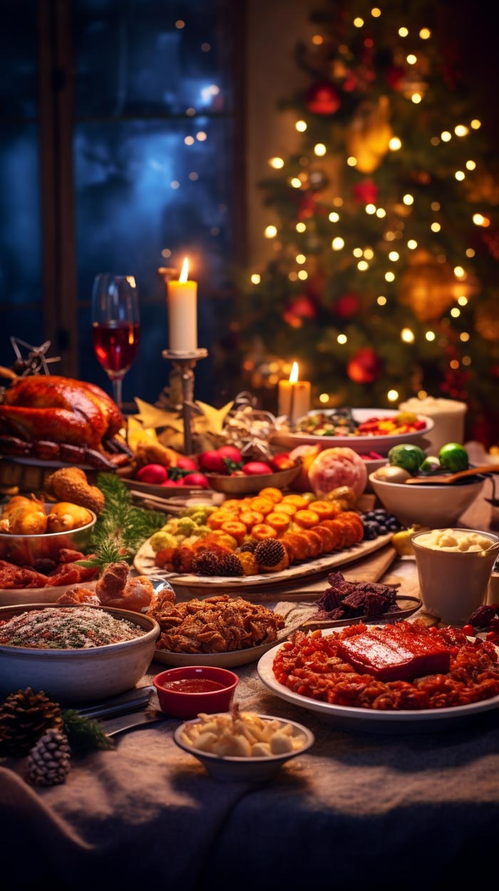 Weihnachtlich gedeckter Tisch im Winter mit vielen unterschiedlichen Weihnachtsgerichten gedeckt. Mit Tannenbaum und Lichterkette, während es draußen schneit.