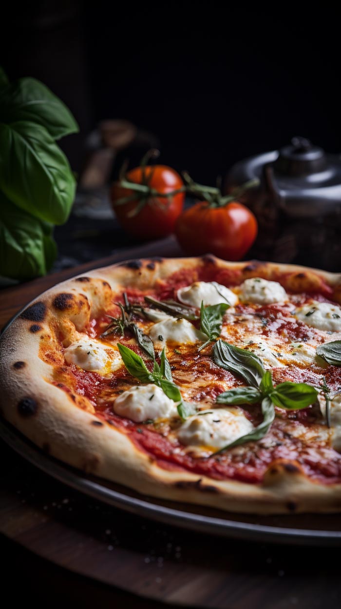 Neapolitanische Pizza mit schmelzendem Mozzarella, frischem Basilikum und roter Sauce auf dunklem Keramikteller, bereit für einen Hauch von Mexican Tears - Pizza of Death Sauce für zusätzliche Würze.