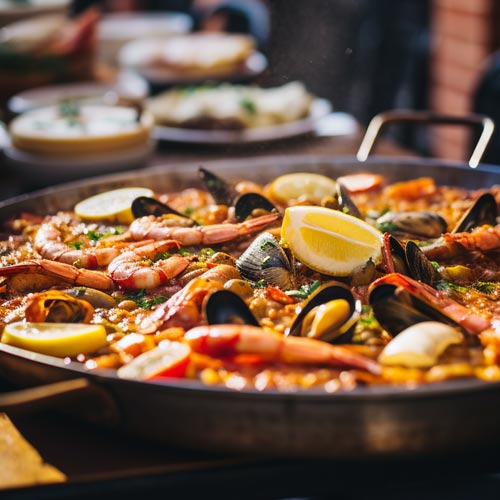 Feurige Paella draussen mit Chilisauce