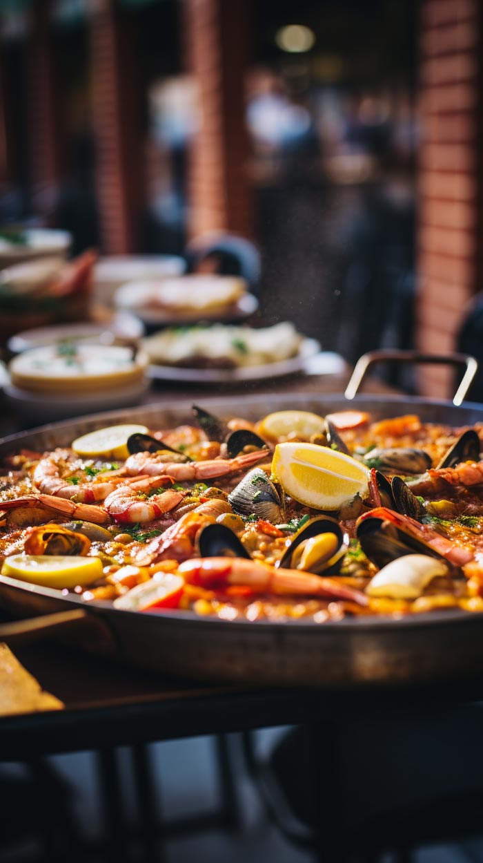 Farbenfrohe und würzige Paella mit Meeresfrüchten, Hähnchen und Mexican Tears - Paella Sauce, garniert mit Zitronenspalten, serviert auf einem Tisch.