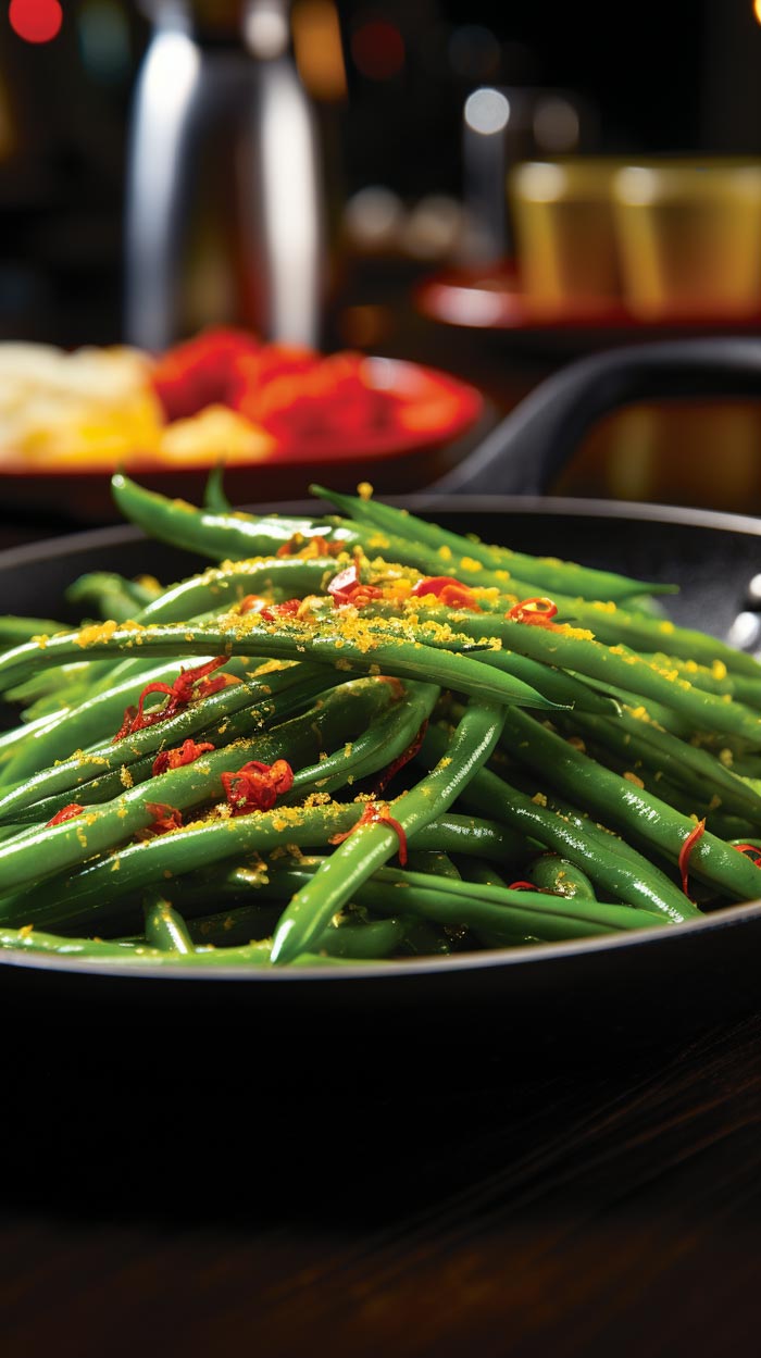 Frische grüne Bohnen in Mexican Tears - Green Bean Sauce garniert mit roten Chiliringen und Zitronenabrieb, serviert in einer schwarzen Schale