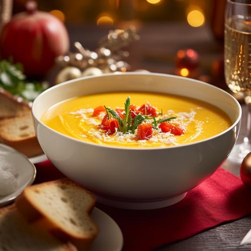 Festlich dekorierte Kürbissuppe mit einem Hauch von Mexican Tears - Pumpkin Soup Sauce, serviert in einer weißen Schüssel mit Weihnachtsbeleuchtung im Hintergrund.