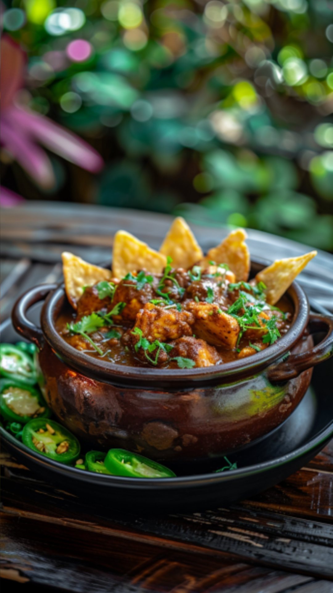 Coq au Mole mit Koriander und Tomaten auf einem Teller.
