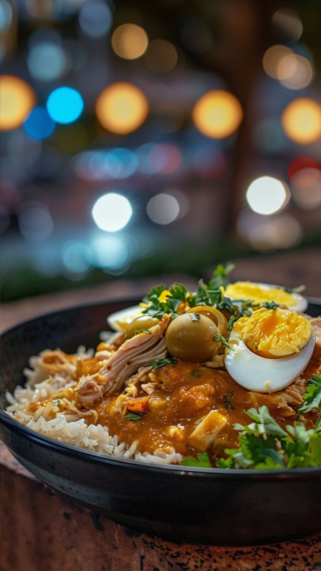 Aji de Galina mit Koriander und Tomaten auf einem Teller.