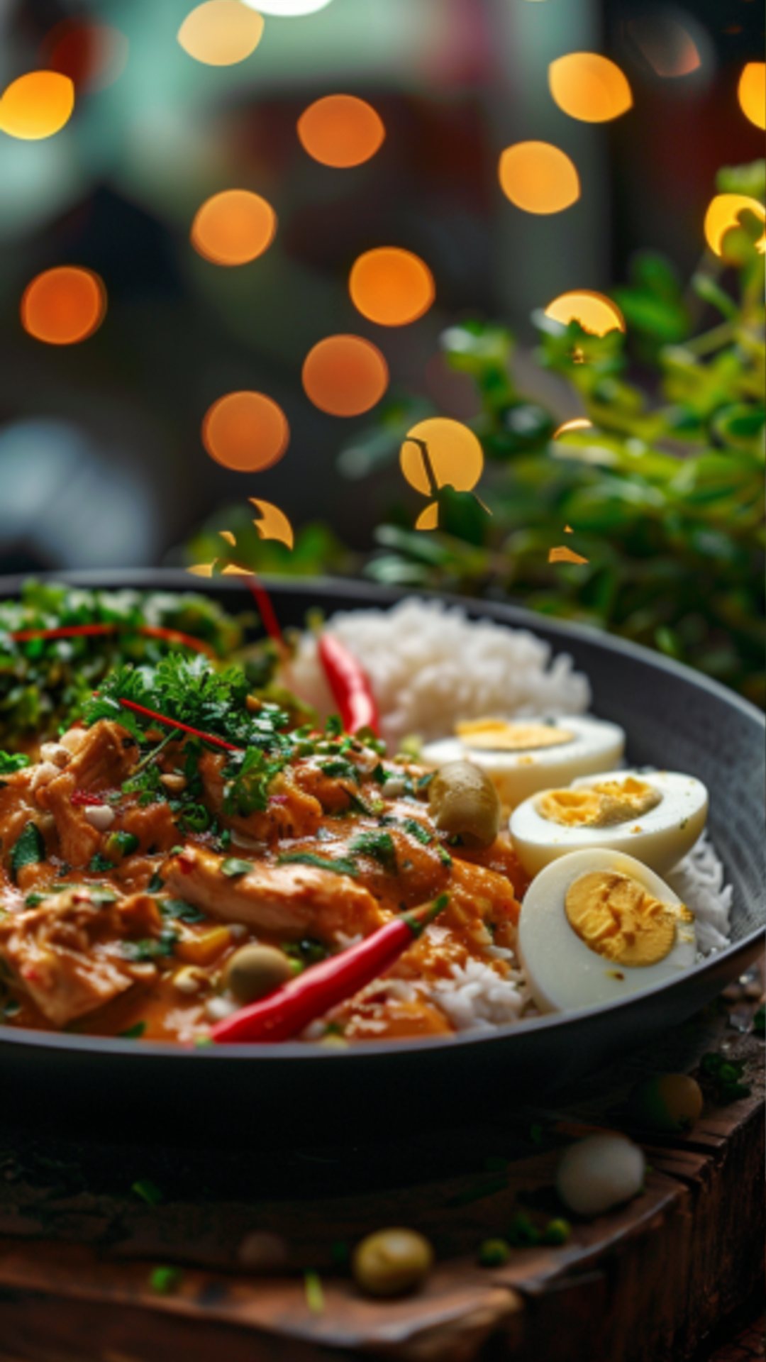 Nahaufnahme von Aji de Galina, serviert auf einem rustikalen Tisch.