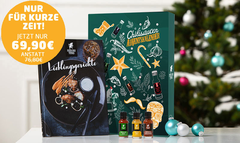 Chilisaucen Adventskalender mit Kochbuch für scharfe Sauce