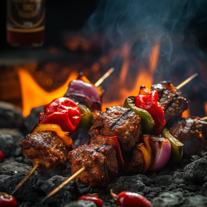 Saftige Fleischspieße und bunte Gemüsestücke brutzeln über glühender Holzkohle auf dem Grill, umgeben von lebhaften Flammen und aufsteigendem Rauch, der eine reichhaltige, rauchige Geschmacksnote verleiht.