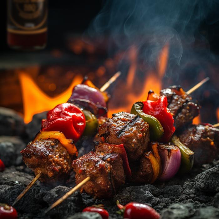 Rauchige Verführung - Grillspieße mit Buchenholz-Aroma Saftige Fleischspieße und bunte Gemüsestücke brutzeln über glühender Holzkohle auf dem Grill, umgeben von lebhaften Flammen und aufsteigendem Rauch, der eine reichhaltige, rauchige Geschmacksnote verleiht.