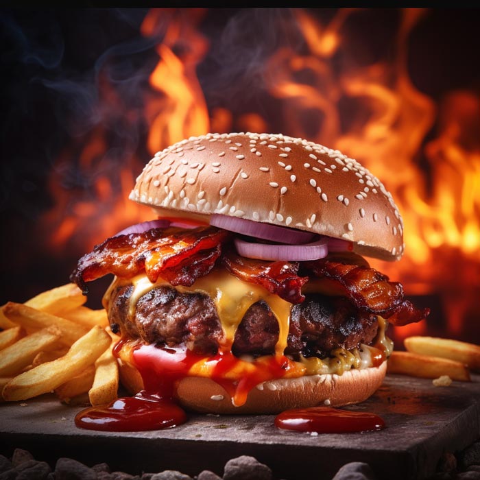 Carolina Reaper Feuersturm – Der Burger für Schärfeliebhaber Ein appetitlicher Cheeseburger mit saftigem Rindfleischpatty, geschmolzenem Käse und knusprigem Bacon, getoppt mit frischen roten Zwiebelringen und reichlich Mexican Tears - Carolina Reaper BBQ-Sauce, serviert auf einem Holzbrett mit dampfenden Pommes Frites im Hintergrund lodernder Flammen.