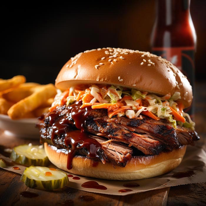 Dark Wood BBQ Szene Die gegrillte Rinderbrust, die langsam bis zur Perfektion gegart und mit der kräftigen Dark Wood BBQ Sauce übergossen wird, ist der Star dieses typischen BBQ-Gerichts. Dazu werden rauchige, gegrillte Maiskolben und ein klassischer Krautsalat serviert, die ein knackiges, erfrischendes Element hinzufügen
