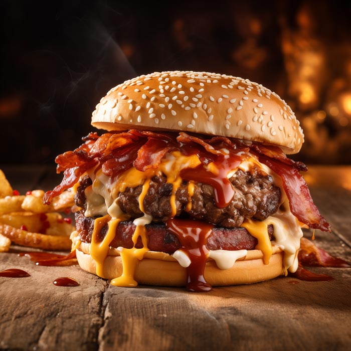 Feuriger Habanero BBQ-Burger Deluxe Ein saftiger Burger mit üppigem Belag aus geschmolzenem Käse, kross gebratenem Speck und einer reichlichen Portion BBQ-Sauce, serviert mit einer Beilage aus goldbraunen Pommes Frites, auf einem rustikalen Holztisch vor einem unscharfen warmen Hintergrund.