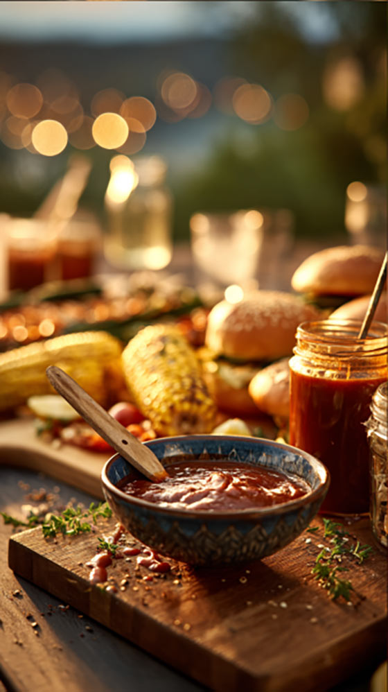 Ein rustikaler Holztisch im Freien bei goldenem Abendlicht. Im Vordergrund steht eine Schale mit BBQ-Sauce und einem Holzlöffel, daneben ein Glas mit Sauce. Auf dem Tisch liegen gegrillte Maiskolben, Burgerbrötchen und frische Kräuter. Der Hintergrund ist weich verschwommen mit warmen Lichtpunkten – eine stimmungsvolle, sommerliche Grillatmosphäre.