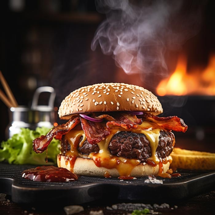 Ein saftiger Cheeseburger mit knusprigem Bacon, geschmolzenem Käse und Zwiebelringen, großzügig beträufelt mit rauchiger Smoked Habanero BBQ-Sauce, serviert auf einem schwarzen Teller mit einem unscharfen Hintergrund, in dem Flammen aus einem Grill schimmern.