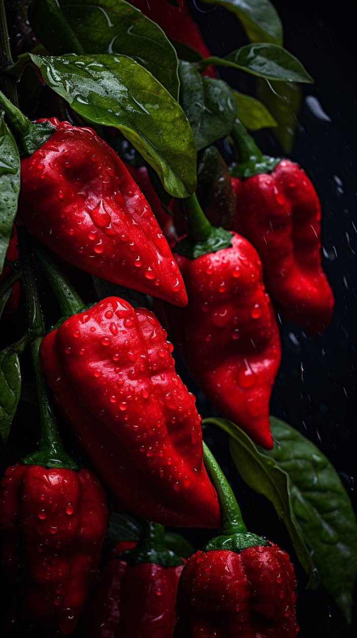 Intensiv rote, nasse Bhut Jolokia Chilischoten mit Tropfen, die inmitten dunkelgrüner Blätter an einem Strauch hängen, mit dunklem Hintergrund.