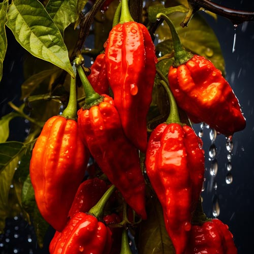 Bhut Jolokia Chili, auch bekannt als Geisterpfeffer, mit seiner charakteristischen leuchtend roten Farbe und unregelmäßiger, knubbeliger Form, liegt auf einem rustikalen Holzuntergrund.