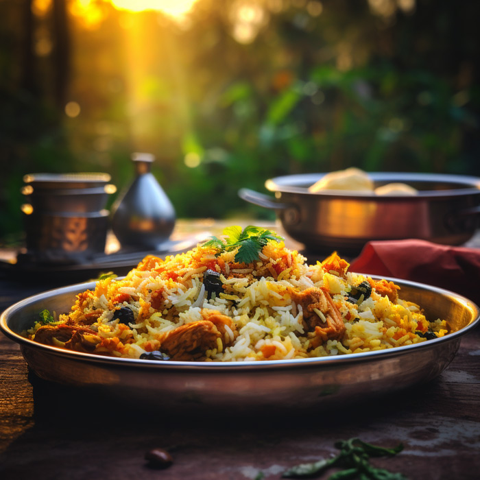 Ein köstlich aussehendes Biryani-Gericht mit saftigen Hühnerstücken, farbenfrohem Basmatireis und frischen Kräutern serviert auf einem metallischen Teller. Im Hintergrund ist eine idyllische Szenerie bei Sonnenuntergang mit sanftem Licht und weiteren traditionellen indischen Geschirrteilen zu erkennen.