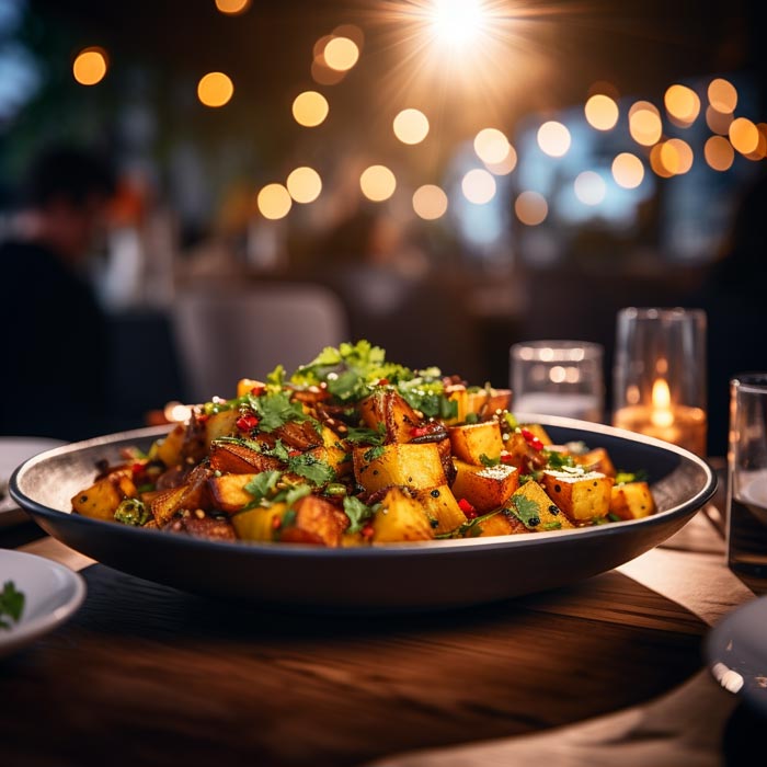 Ein appetitliches Gericht von Bombay Aloo, präsentiert auf einem großen Teller in einem Restaurant mit gedämpftem Licht. Die goldbraun gebratenen Kartoffelwürfel sind reichlich mit frischen Kräutern bestreut und leuchten im warmen Licht des Restaurants, das durch die unscharfen Lichter im Hintergrund eine gemütliche Atmosphäre schafft.