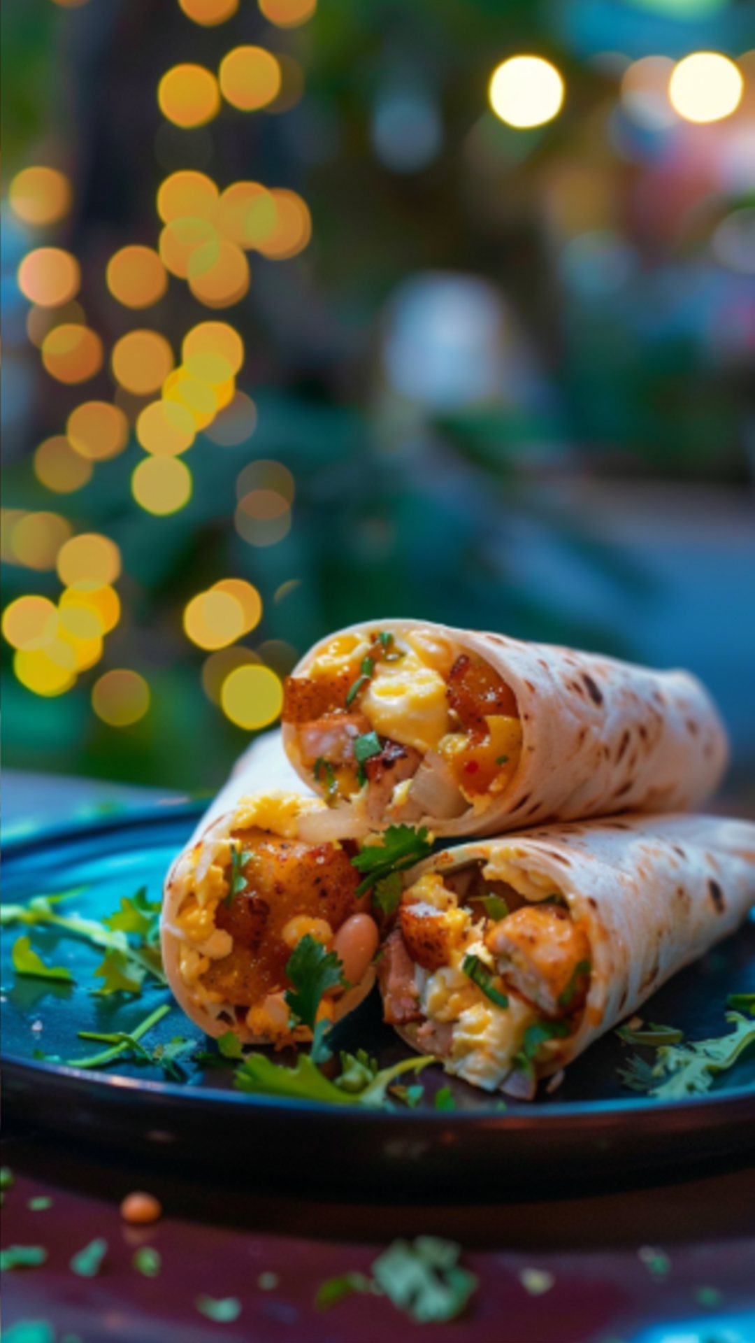 Aufgeschnittener Breakfast Burrito mit dampfendem Inhalt aus Ei, Bacon und Käse.