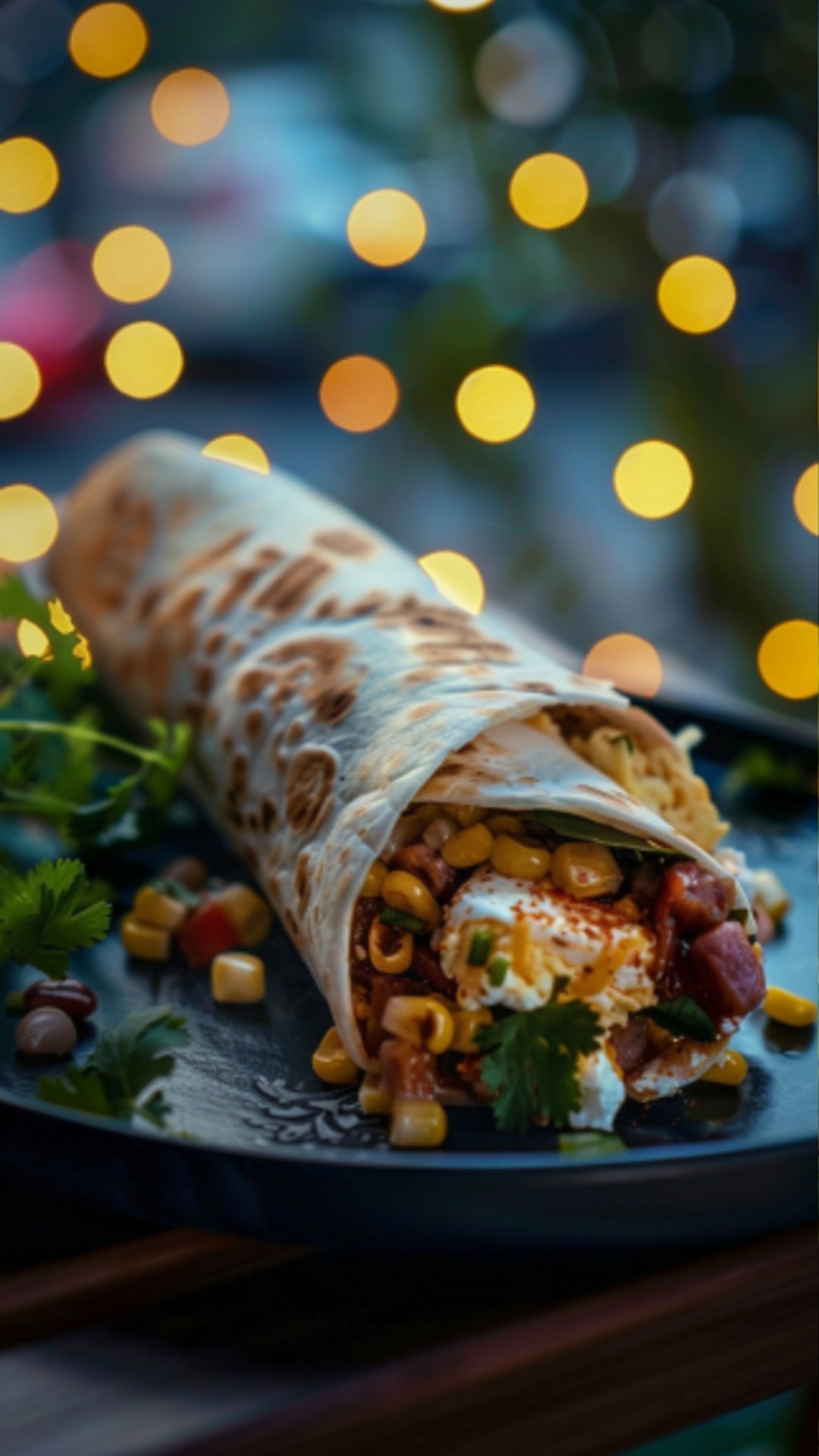 Nahaufnahme von einem Breakfast Burrito auf einem Holzbrett, bereit zum Genuss.