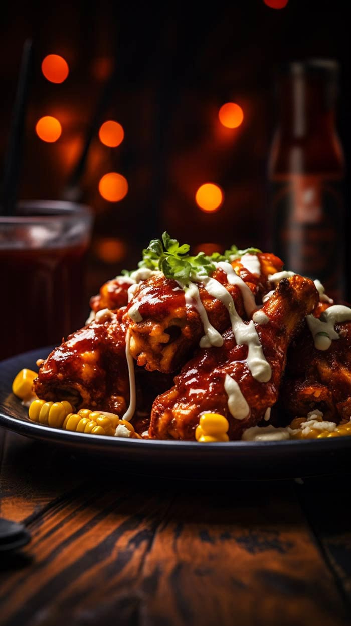 Eine Platte mit würzigen Buffalo Wings, garniert mit Selleriestangen und Dip.