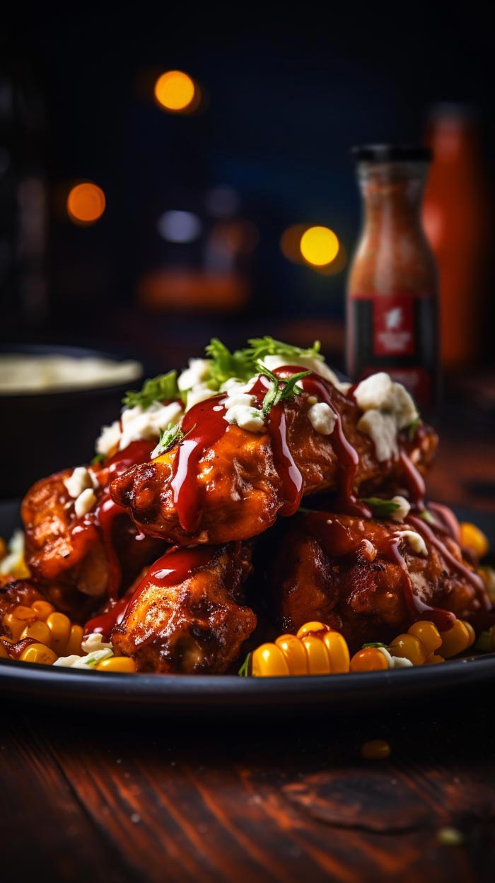 Ein Stapel saftiger Buffalo Chicken Wings, übergossen mit einer glänzenden roten Sauce und garniert mit Gorgonzola-Krümeln und frischen Kräutern, serviert auf einem dunklen Teller. Neben den Wings sind Maiskörner zu sehen. Das Bild zeigt eine stimmungsvolle Präsentation mit weichem Licht und Bokeh-Effekt im Hintergrund.