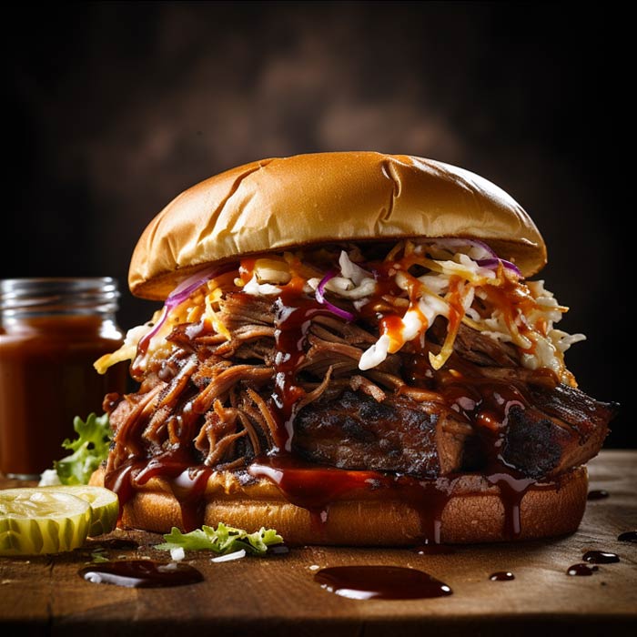 Ein üppiger Pulled Pork Burger mit reichlich BBQ Sauce und einem Topping aus frischem Krautsalat auf einem rustikalen Holzbrett serviert, begleitet von einem Glas dunkler BBQ Sauce und einem Stück Limette am Rand des Bretts.