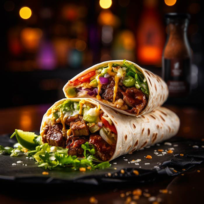 Ein appetitlich halbierter Burrito, prall gefüllt mit gegrilltem Fleisch, frischem Gemüse, Avocadostücken und sichtbaren Gewürzen, serviert auf einem schwarzen Teller mit einem Limettenstück am Rand, vor einem unscharfen Hintergrund mit warmen Lichtern.