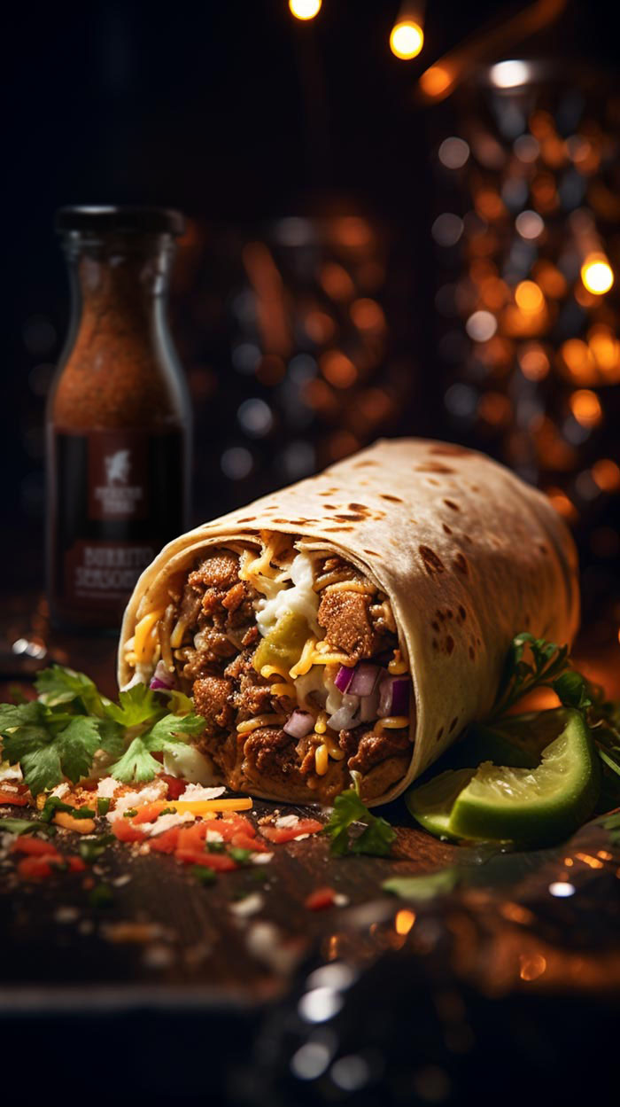 Ein appetitlich gefüllter Burrito mit Rindfleisch, Käse, Reis und frischen Gemüsestückchen, garniert mit Koriander, auf einem dunklen Teller präsentiert, umgeben von stimmungsvoller Beleuchtung und einem Hauch von frischer Limette im Vordergrund.