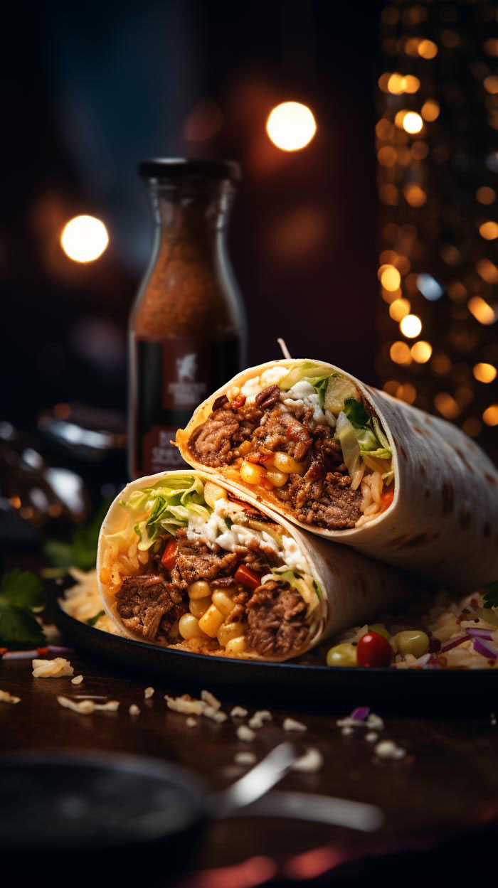 Halbierter Gourmet-Burrito mit schmackhafter Füllung aus zartem Fleisch, buntem Gemüse und cremiger Sauce, garniert mit grünen Salatblättern und einem Limettenkeil, auf dunkler Unterlage.