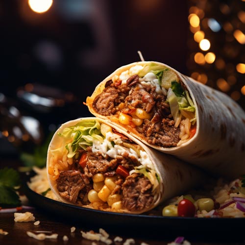 Ein geöffneter Burrito präsentiert seine Füllung aus gewürfeltem Fleisch, geschmolzenem Käse und frischen Zutaten, neben einem Limettenkeil auf einem dunklen Teller.