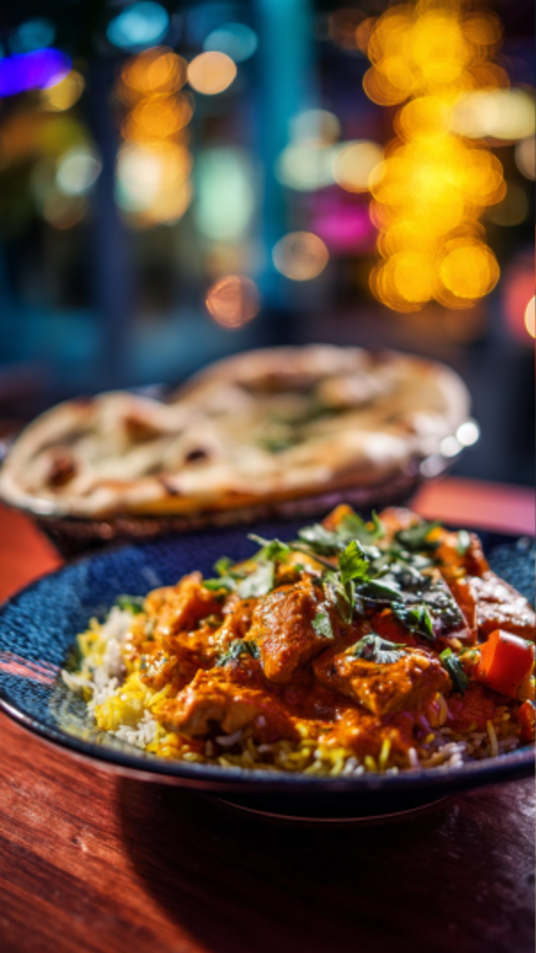 Nahaufnahme von Butter Chicken mit Reis und Naan-Brot, serviert auf einem rustikalen Tisch.