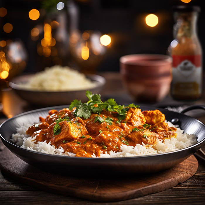 Ein Teller mit saftigem Butter Chicken über Basmatireis, garniert mit frischem Koriander, serviert auf einem dunklen Holztisch mit stimmungsvoller Beleuchtung im Hintergrund.