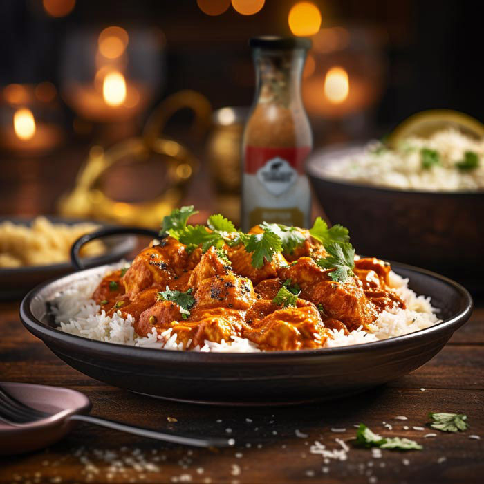 Köstliches Butter Chicken auf weißem Reis, angerichtet in einer schwarzen Schale mit einem Spritzer grünem Koriander oben, präsentiert in einem warm beleuchteten Ambiente.