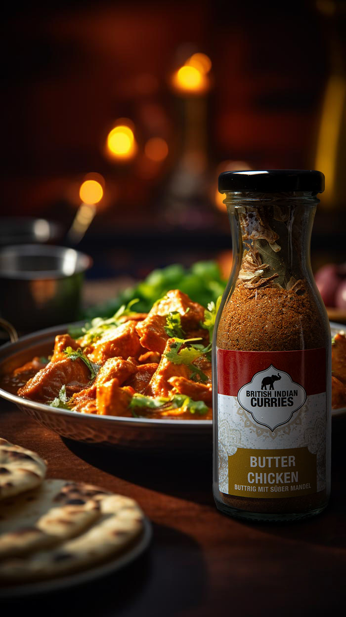 Ein Teller mit Butter Chicken garniert mit frischem Koriander, serviert neben Fladenbrot und einem Getränk im unscharfen Hintergrund.