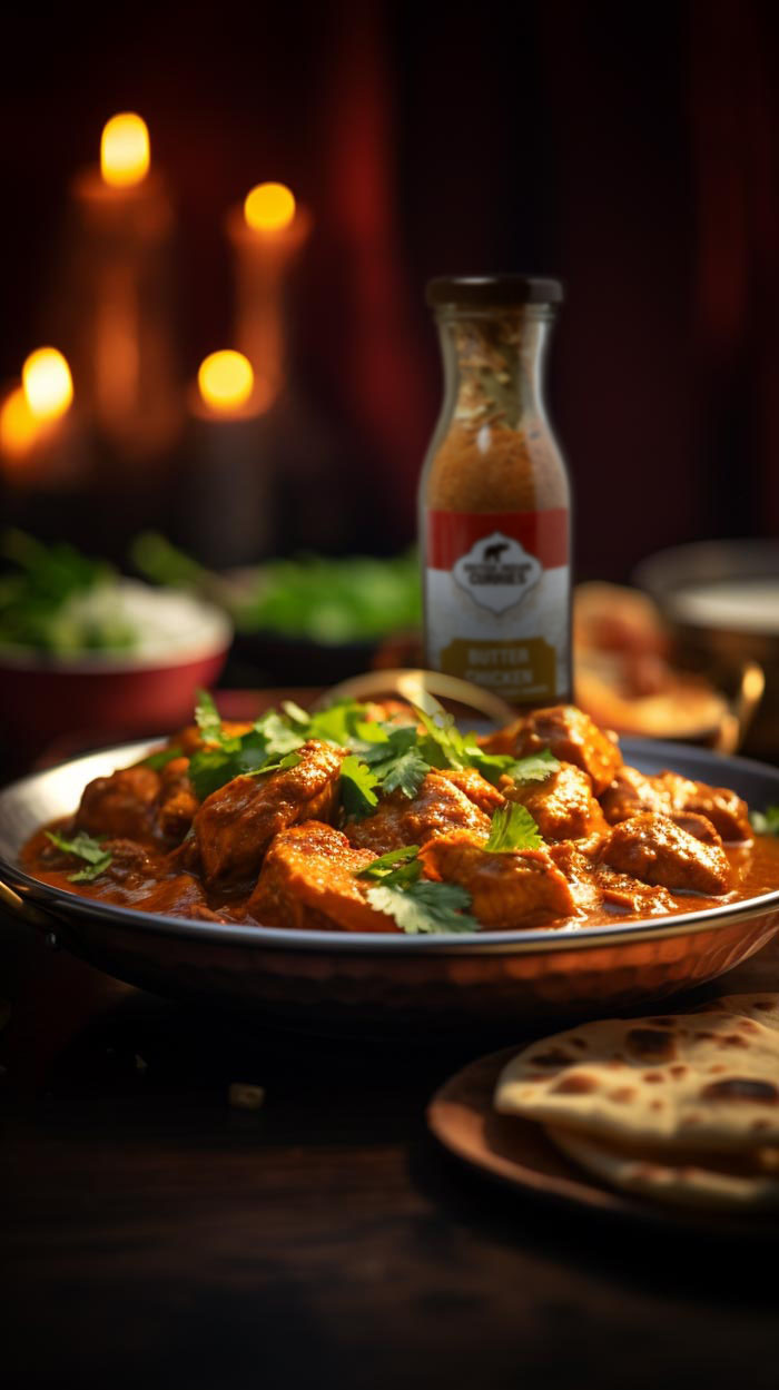 Über einem rustikalen Holztisch erstrahlt ein tiefer Teller mit Butter Chicken, garniert mit frischer Korianderblättern, im warmen Licht flackernder Kerzen im Hintergrund.