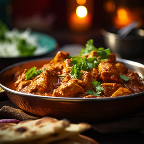 Ein traditionelles Butter Chicken Gericht in einem kupfernen Servierteller, garniert mit frischem Koriander, begleitet von Naanbrot, serviert auf einem dunklen Holztisch mit stimmungsvoller Beleuchtung im Hintergrund.