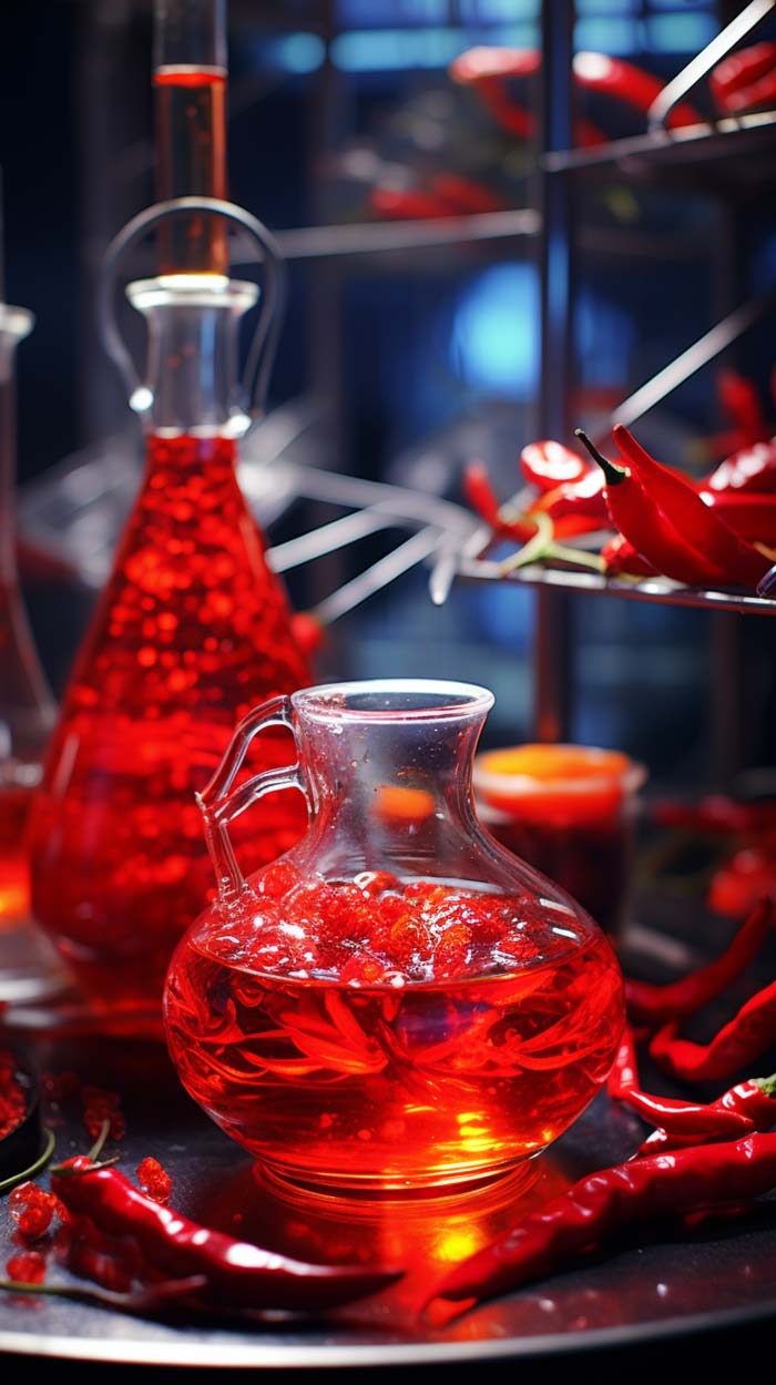 Ein leuchtend rotes Chiliöl in einer glasklaren Kanne im Vordergrund, mit Chilischoten und Laborgeräten im Hintergrund, die die Herstellung von Capsaicin symbolisieren.