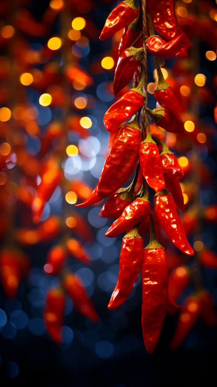 Eine Girlande von roten Chilischoten hängt vor einem unscharfen Hintergrund, der von warmen Lichtern erfüllt ist, die ein bokehähnliches Muster erzeugen.
