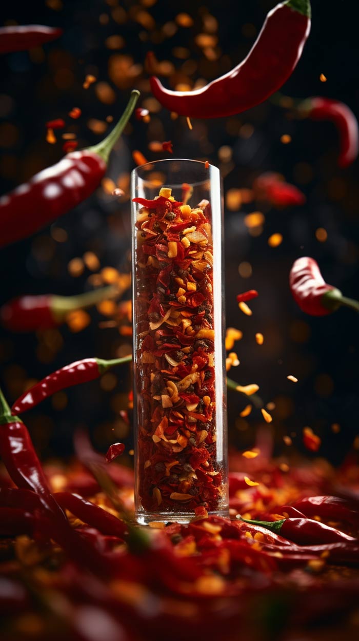 Eine offene Glasflasche gefüllt mit einer bunten Mischung aus zerkleinerten Chilischoten und Gewürzen, umgeben von einer dynamischen Explosion von Gewürzkörnern und Chilistücken, die in der Luft schweben. Rote Chilischoten liegen verstreut im Hintergrund, alles erhellt durch ein warmes, diffuses Licht, das die Szene in ein goldenes Leuchten taucht.