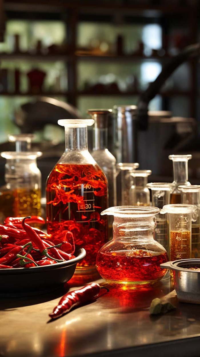 Eine Auswahl an Laborgeräten mit rotem Inhalt, umgeben von frischen roten Chilis auf einer metallischen Oberfläche, was auf eine chemische Analyse der Schärfe hindeutet.