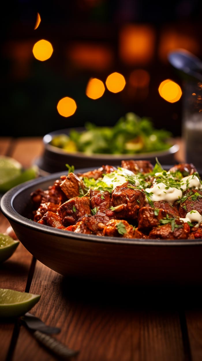 Carne Adovada mit Koriander-Sahne-Topping Herzhaftes Carne Adovada-Gericht mit cremigem Topping und frischem Koriander, serviert in einer schwarzen Keramikschale.
