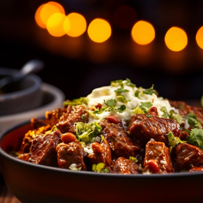 Geschmortes Schweinefleisch in roter Sauce, garniert mit einem Klecks Sahne und Korianderblättern, auf dunklem Hintergrund.