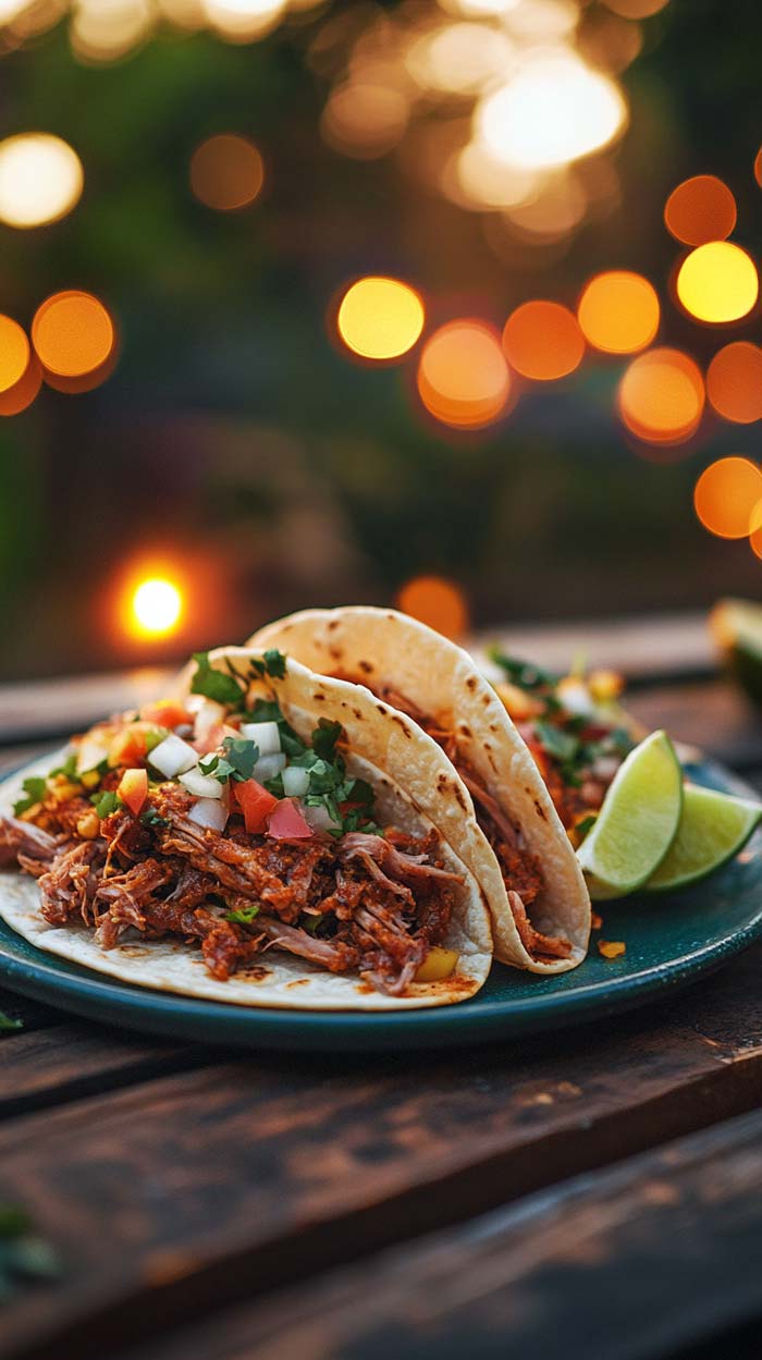 Carnitas Tacos mit Toppings Carnitas Tacos Nahaufnahme