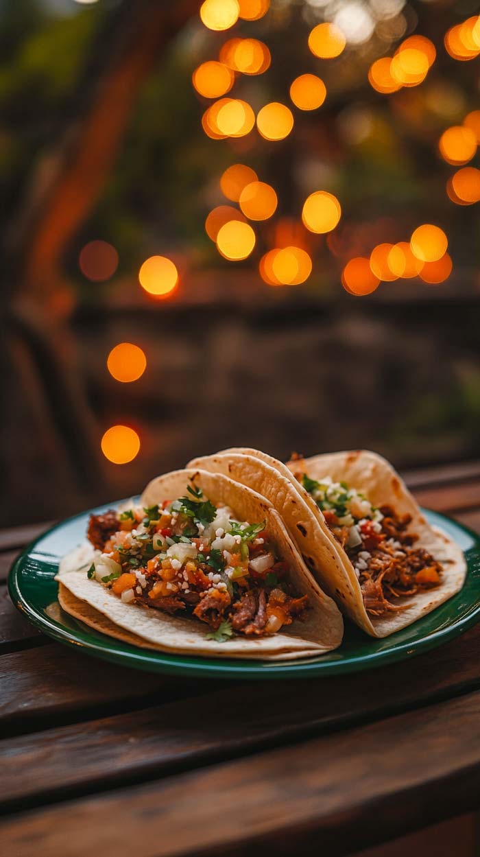 Carnitas Tacos servierfertig Servierte Carnitas Tacos auf einem Teller