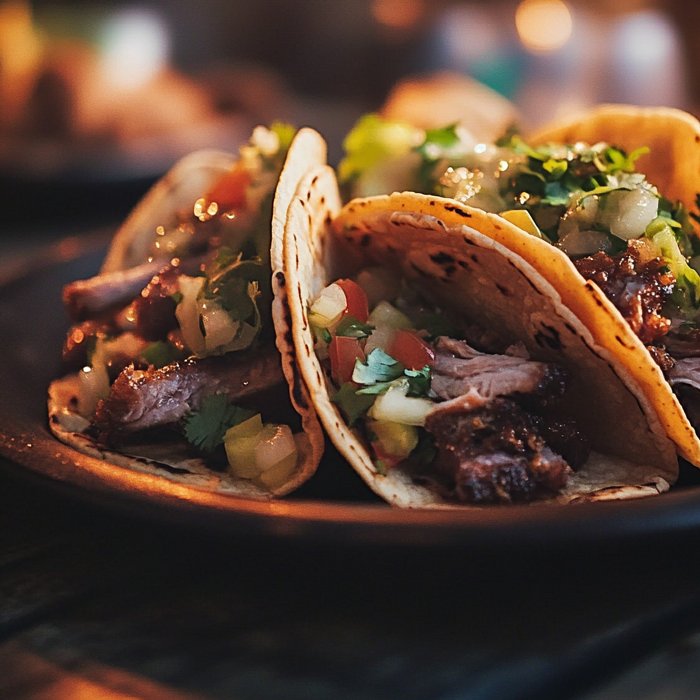 Ein knuspriger, würziger Taco Carniats mit Guacamole in einer schönen Beleuchtung.