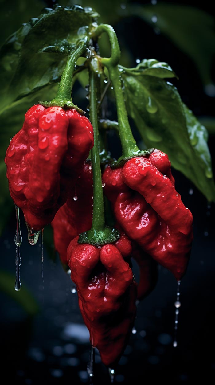 Blick auf einen Carolina Reaper Strauch mit großen, roten Chilis