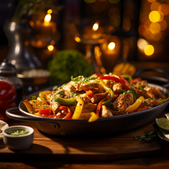 Eine heiße gusseiserne Pfanne mit saftigen Hühnerfajitas, umgeben von bunten Paprikastreifen und Zwiebeln, serviert auf einem Holztisch mit stimmungsvollen Kerzenlicht im Hintergrund, bereit zum Genießen.