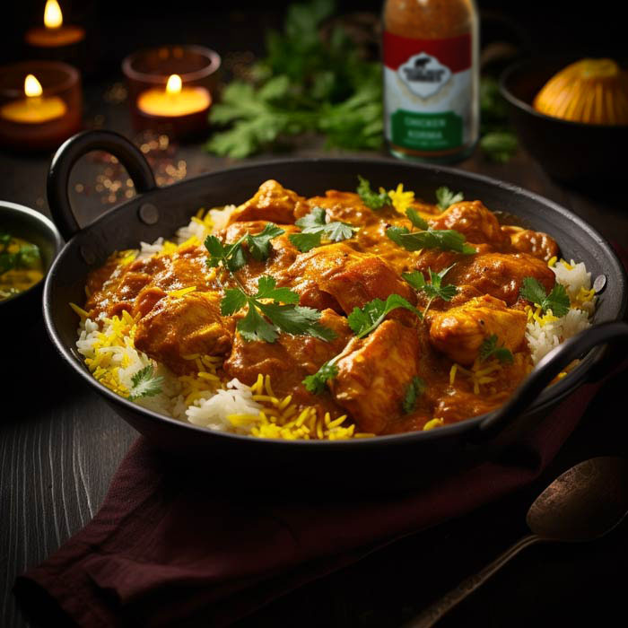 Aromatisches Chicken Korma auf Safranreis - Ein Fest für die Sinne Ein würziges Chicken Korma serviert auf einem Bett aus gelbem Reis in einer schwarzen Pfanne, garniert mit frischem Koriander, auf einem dunklen Holztisch neben brennenden Kerzen.