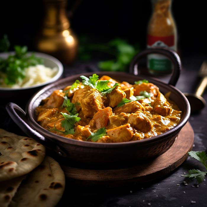 Ein appetitliches Hühner-Korma-Gericht in einer traditionellen Schale, garniert mit frischem Koriander, serviert neben Naanbrot auf einem rustikalen dunklen Holztisch, beleuchtet von sanftem Kerzenlicht im Hintergrund.